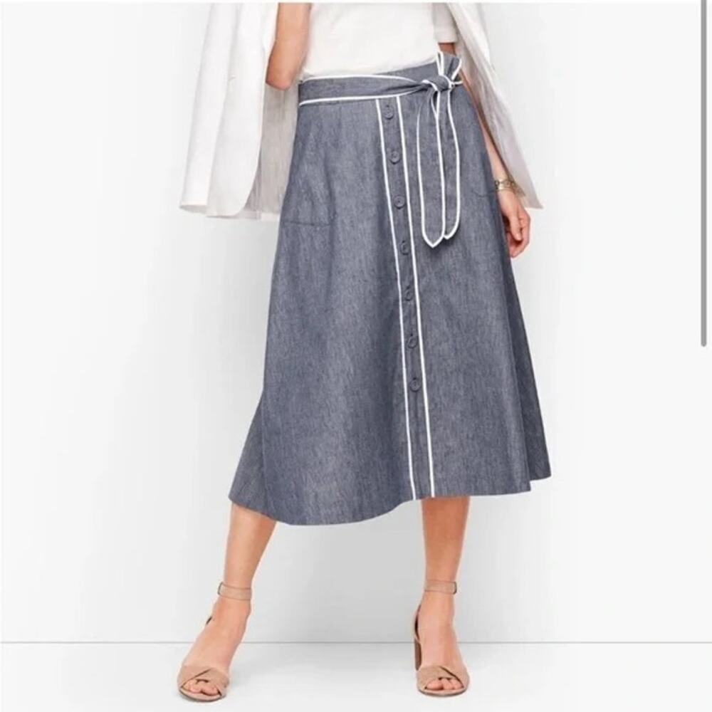 TALBOTS Chambray Blue Linen Blend Midi Skirt Size 14 - Picture 2 of 16